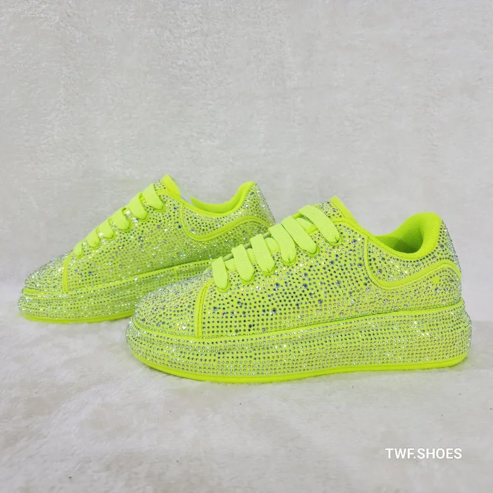 Dazzle Comfy Cush Lime Rhinestone Platform Sneakers Tennis Shoes